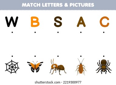 Education game for children match letters and pictures of cute cartoon web butterfly ant cockroach spider printable bug worksheet