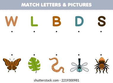 Education game for children match letters and pictures of cute cartoon butterfly leaf worm dragonfly spider printable bug worksheet