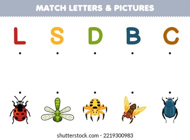 Education game for children match letters and pictures of cute cartoon ladybug dragonfly spider cicada beetle printable bug worksheet