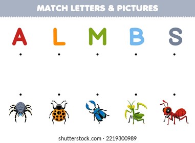Education game for children match letters and pictures of cute cartoon spider ladybug beetle mantis ant printable bug worksheet