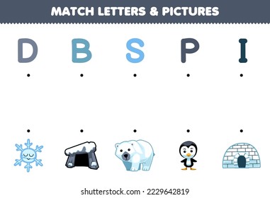 Education game for children match letters and pictures of cute cartoon snowflake den polar bear penguin igloo printable winter worksheet