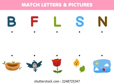 Education game for children match letters and pictures of cute cartoon nest bird flower leaf sky printable nature worksheet