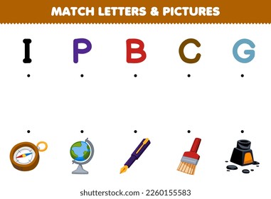 Education game for children match letters and pictures of cute cartoon compass globe pen brush ink printable tool worksheet