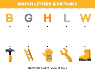 Education game for children match letters and pictures of cute cartoon hammer ladder glove wrench boot printable tool worksheet