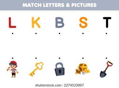 Education game for children match letters and pictures of cute cartoon boy key padlock treasure shovel printable pirate worksheet