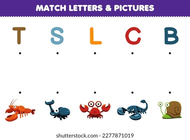 Education game for children match letters and pictures of cute cartoon lobster beetle crab scorpion snail printable animal worksheet