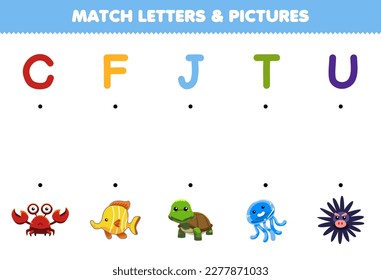 Education game for children match letters and pictures of cute cartoon crab fish turtle jellyfish urchin printable animal worksheet