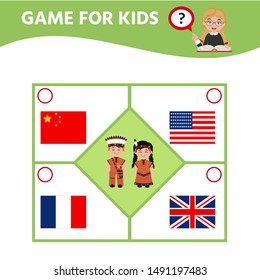 Education game for children.  Match of national costumes and flags. Activity sheet for pre sсhool years kids.