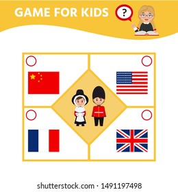 Education game for children.  Match of national costumes and flags. Activity sheet for pre sсhool years kids.