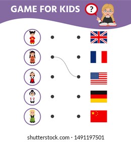 Education game for children.  Match of national costumes and flags. Activity sheet for pre sсhool years kids.