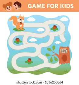 Education game for children. Maze. Help the squirrel get to the tree house. Kids learning material. Children funny riddle entertainment for the development of logical thinking