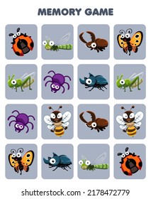 Education game for children memory to find similar pictures of cute cartoon insect animal printable worksheet