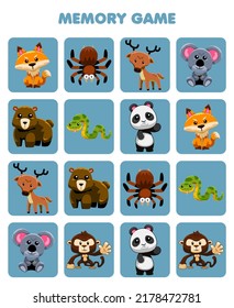 Education game for children memory to find similar pictures of cute cartoon forest animal printable worksheet