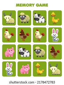 Education game for children memory to find similar pictures of cute cartoon farm animal printable worksheet