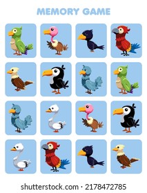 Education game for children memory to find similar pictures of cute cartoon bird animal printable worksheet