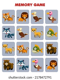 Education game for children memory to find similar pictures of cute cartoon carnivore animal printable worksheet