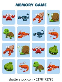Education game for children memory to find similar pictures of cute cartoon animal with hard shell printable worksheet