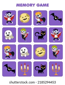 Education game for children memory to find similar pictures of cute cartoon ghost moon bat cat candle dracula costume halloween printable worksheet