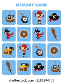 Education game for children memory to find similar pictures of cute cartoon ship bomb parrot treasure chest hat wooden sword pirate boy costume halloween printable worksheet