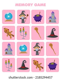 Education game for children memory to find similar pictures of cute cartoon magic orb cauldron castle voodoo doll candle hat staff wizard costume halloween printable worksheet