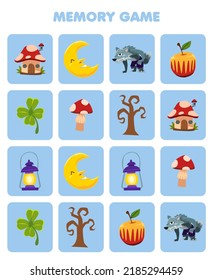 Education game for children memory to find similar pictures of cute cartoon moon apple lantern cloverleaf mushroom house werewolf halloween printable worksheet