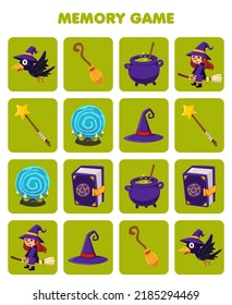 Education game for children memory to find similar pictures of cute cartoon crow broom cauldron magic orb wand hat book witch costume halloween printable worksheet