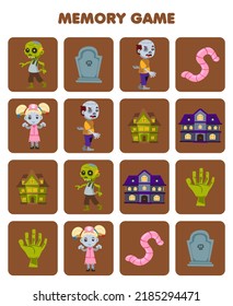 Education game for children memory to find similar pictures of cute cartoon tombstone spooky house worm hand zombie costume halloween printable worksheet