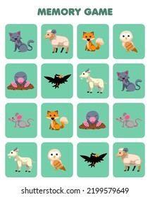 Education game for children memory to find similar pictures of cute cartoon cat sheep fox owl mole crow goat mouse printable farm worksheet