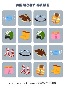 Education game for children memory to find similar pictures of cartoon mask jacket google emergency vest helm boot pant socks printable clothes worksheet