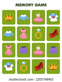 Education Game For Children Memory To Find Similar Pictures Of Cartoon Crown Blouse Tutu Uniform Dress Ring Heels Skirt Printable Clothes Worksheet