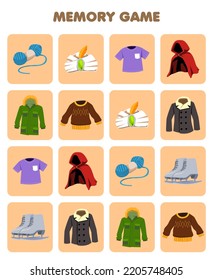 Education game for children memory to find similar pictures of cartoon yarn turban t shirt cloak jacket sweater ice skates shoes printable clothes worksheet