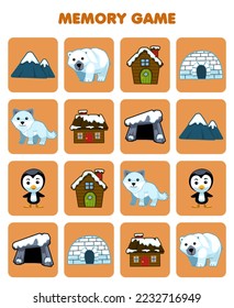 Education game for children memory to find similar pictures of cute cartoon mountain polar bear house arctic fox den penguin printable winter worksheet