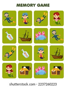 Education game for children memory to find similar pictures of cute cartoon diver mermaid coral bottle treasure chest wrecked ship printable underwater worksheet