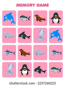 Education game for children memory to find similar pictures of cute cartoon dolphin fish walrus penguin beluga orca squid printable underwater worksheet