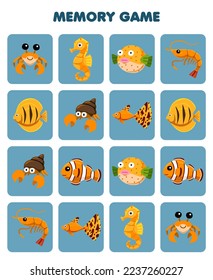 Education game for children memory to find similar pictures of cute cartoon crab seahorse fish shrimp hermit crab printable underwater worksheet