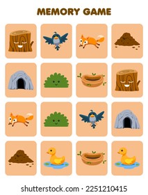 Education game for children memory to find similar pictures of cute cartoon wood log bird nest fox cave soil duck printable nature worksheet