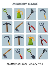 Erziehungsspiel für das Gedächtnis von Kindern, um ähnliche Bilder von süßen Cartoon Shovel Spritzen Rake Sichel Pickaxe Hee Pruner druckbaren Arbeitsblatt