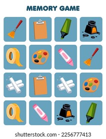 Education game for children memory to find similar pictures of cute cartoon brush marker ink tape palette chalk crayon printable tool worksheet