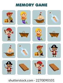 Erziehungsspiel für das Gedächtnis von Kindern, um ähnliche Bilder von süßem Cartoon Meerjungfrau Flasche Piratenblatt