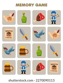Education game for children memory to find similar pictures of cute cartoon map bottle meat poster sword bird mug printable pirate worksheet