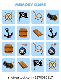 Education game for children memory to find similar pictures of cute cartoon wheel flag rope cannon anchor wooden barrel bomb printable pirate worksheet