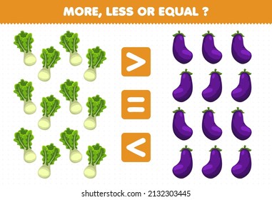 Education game for children more less or equal count the amount of cartoon vegetables lettuce eggplant