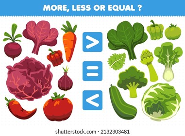 Education game for children more less or equal count the amount of cartoon vegetables beet red spinach paprika carrot cabbage shallot chilli tomato kale broccoli lettuce cucumber