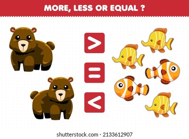 Education game for children more less or equal count the amount of cute cartoon animal bear and fish