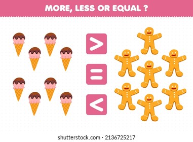 Education game for children more less or equal count the amount of cartoon food ice cream gingerbread