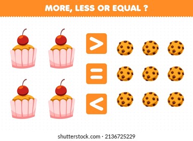 Education game for children more less or equal count the amount of cartoon food cupcake cookies