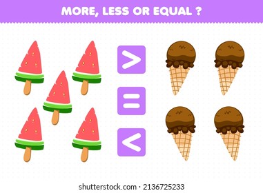 Education game for children more less or equal count the amount of cartoon food popsicle ice cream