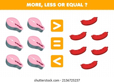 Education game for children more less or equal count the amount of cartoon food salmon sausage