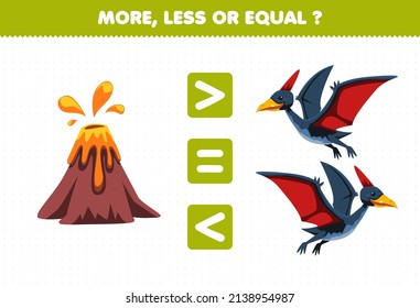 Education game for children more less or equal count the amount of cute cartoon prehistoric dinosaur pteranodon and volcano