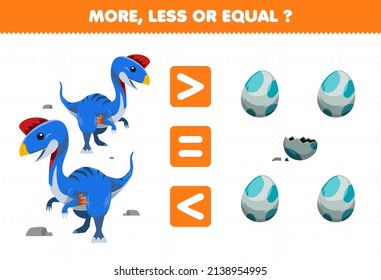 Education game for children more less or equal count the amount of cute cartoon prehistoric dinosaur oviraptor and egg